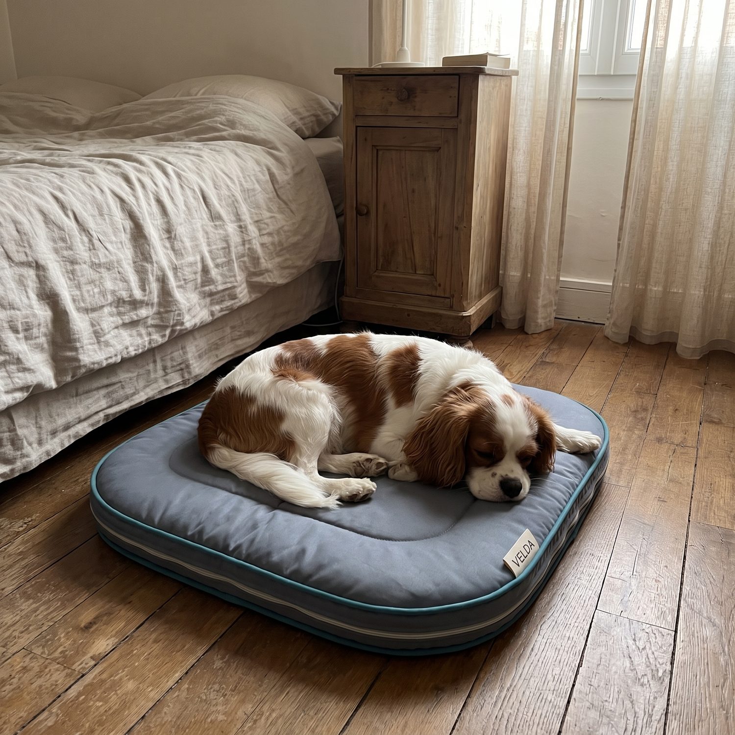 Louna, cavalier king charles, endormie sur son tapis Velda dans la chambre